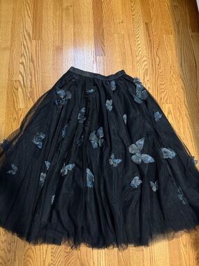 Cynthia Rowley Black Tulle Midi Skirt with Iridescent Butterfly Appliqués